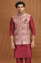 Maroon Silk Kurta Pajama with Printed Jacket